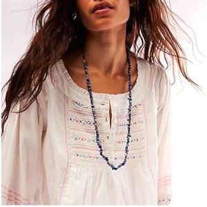 Free People Bohemian Single Strand Crystal Chip Beaded Necklace Lapis Blue NWT‎